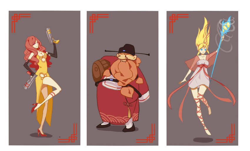 1boy 2girls alternate_costume ankle_lace-up ankle_ribbon barefoot barrel bi_ge_xing china_dress chinese_clothes dress gragas hanfu highres janna_(league_of_legends) league_of_legends leg_ribbon miss_fortune_(league_of_legends) multiple_girls ribbon