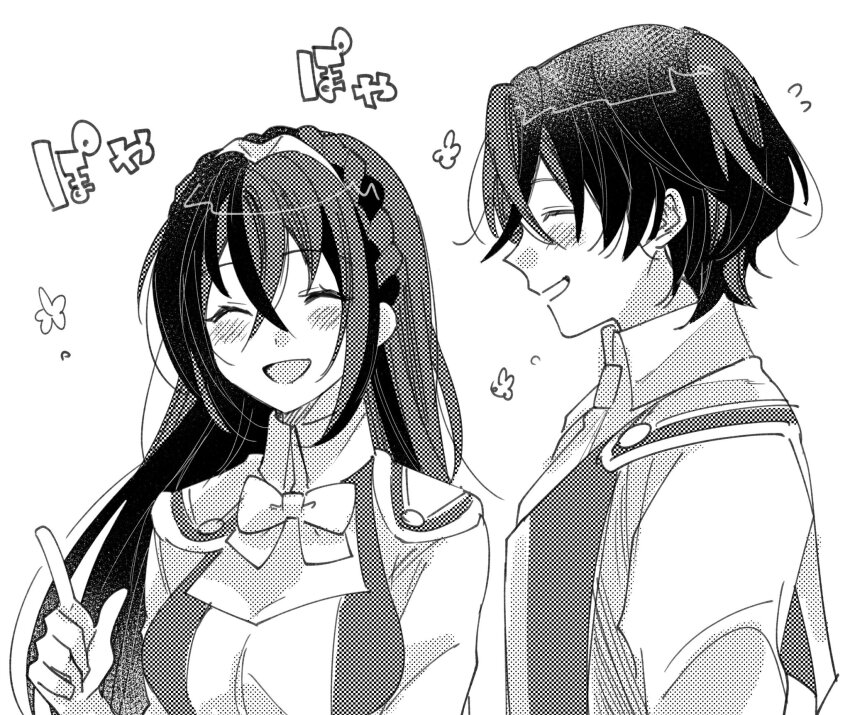 1boy 1girl alear_(female)_(fire_emblem) alear_(fire_emblem) alear_(male)_(fire_emblem) bow bowtie closed_eyes crossed_bangs fire_emblem fire_emblem_engage greyscale highres illust_mi monochrome multicolored_hair nintendo open_mouth split-color_hair tiara two-tone_hair upper_body white_background