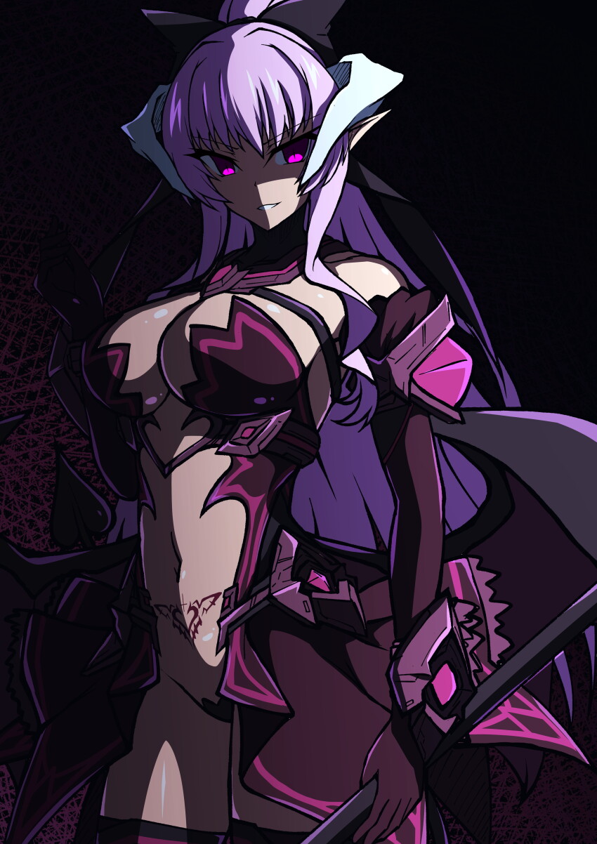 1girl absurdres aoi_tabane black_bow bow breasts cleavage corruption dark_persona demon_girl demon_horns demon_tail demon_wings elbow_gloves evil_smile gloves glowing glowing_eyes grin hair_bow highres holding horns kouyoku_senki_exs-tia large_breasts lilistia long_hair looking_at_viewer low_wings navel pointy_ears ponytail pubic_tattoo purple_eyes purple_hair revealing_clothes ribbon rieszverne_suzette_paladill shaded_face smile solo stomach_tattoo tail tattoo thighhighs very_long_hair weapon wings