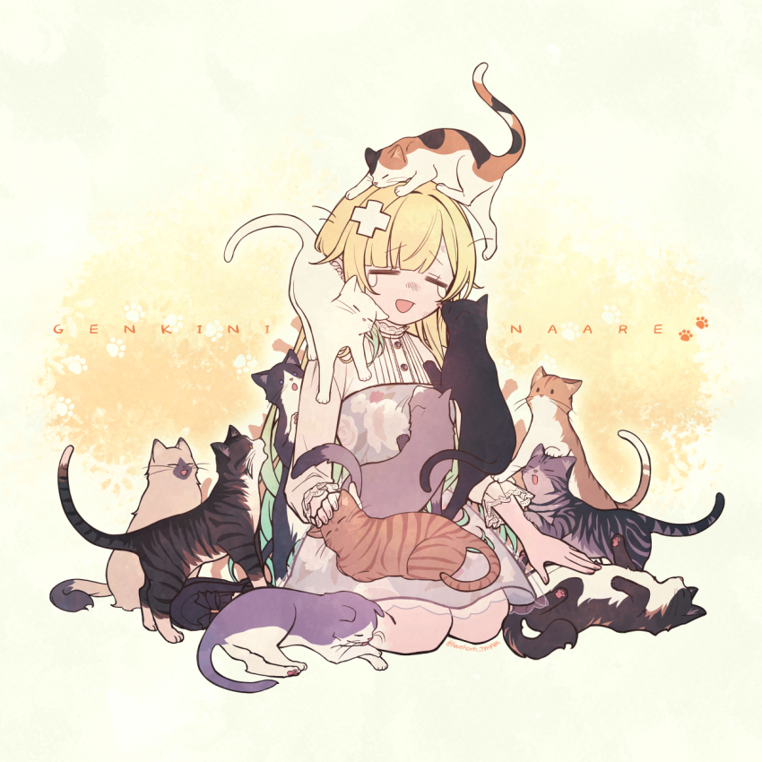 1girl aizawa_ema aizawa_ema_(3rd_costume) aqua_dress aqua_hair blonde_hair blunt_bangs breasts cat closed_eyes dress fingernails floral_print gradient_hair hair_flaps half-sleeves haremoto highres lace lace-trimmed_collar lace-trimmed_shirt lace_trim long_hair multicolored_hair multiple_cats petting see-through_skirt_layer seiza shirt sitting small_breasts smile solo swept_bangs tearing_up twitter_username virtual_youtuber vspo!