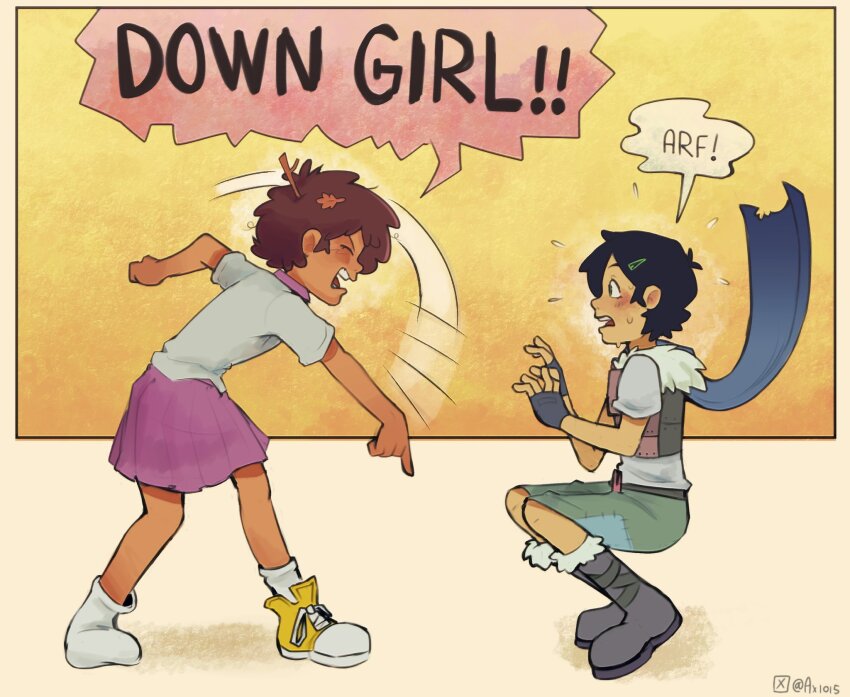 2girls amphibia anne_boonchuy axlol5 black_hair boots brown_hair cape closed_eyes dark-skinned_female dark_skin down_boy!!_(meme) english_text fingerless_gloves flying_sweatdrops from_side full_body fur-trimmed_boots fur-trimmed_cape fur_trim gloves green_eyes green_skirt hair_ornament hairclip highres index_finger_raised leaf leaf_on_head leaning_forward looking_at_another marcy_wu meme multiple_girls open_mouth pleated_skirt pointing pointing_down purple_skirt ranger_uniform_(amphibia) school_uniform shoes short_hair shouting single_shoe sjms_school_uniform skirt socks squatting standing teeth twitter_username