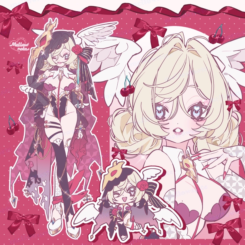 1girl asymmetrical_legwear blonde_hair bow breasts cherry chibi chibi_inset closed_mouth double_bun eyelashes fingernails flower food fruit full_body hair_bun head_wings highres lips looking_to_the_side medium_breasts mellownote mismatched_legwear mole mole_on_breast multiple_views nail_polish one_eye_closed original parted_lips polka_dot polka_dot_background red_bow red_flower red_nails red_rose rose signature smile sparkle square standing veil white_eyes wings