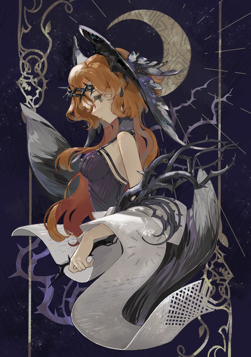 1girl absurdres bare_shoulders black_background black_wings border breasts crescent crown_of_thorns dress druvis_iii druvis_iii_(shrouded_in_thorns) feathered_wings green_eyes head_down head_wings highres holding holding_plant long_hair medium_breasts official_alternate_costume orange_hair ornate_border painine plant profile purple_dress reverse:1999 scroll sleeveless sleeveless_dress solo thorns upper_body wings