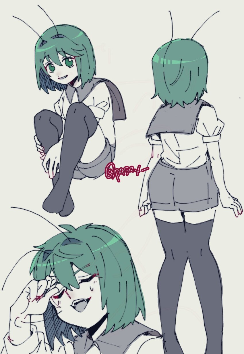 1girl antennae black_thighhighs blush bobotatamu collared_shirt commentary feet_out_of_frame from_behind full_body green_eyes green_hair grey_background grey_shorts grin hands_on_own_legs highres looking_at_viewer no_shoes open_mouth puffy_short_sleeves puffy_sleeves shirt short_hair short_sleeves shorts smile solo sweatdrop thighhighs touhou twitter_username white_shirt wriggle_nightbug