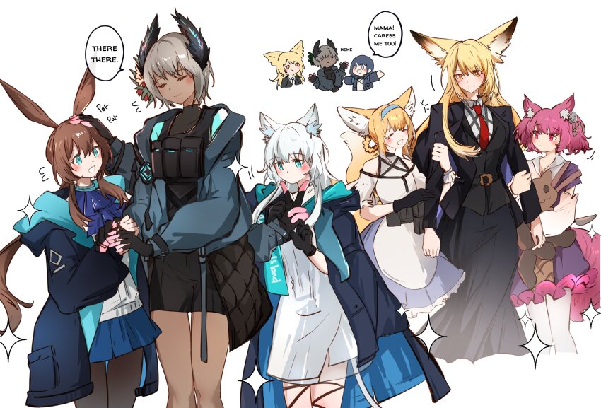 6+girls absurdres amiya_(arknights) animal_ears arknights arya_melati ascot black_jacket black_pantyhose black_skirt black_vest blonde_hair blue_ascot blue_eyes blue_jacket blue_skirt braid braided_hair_rings brown_eyes brown_hair cat_ears cat_girl cat_tail chibi chibi_inset closed_eyes closed_mouth doctor_(arknights) dress english_text extra_arms female_doctor_(arknights) fox_ears fox_girl fox_tail grey_hair hair_rings highres holding holding_another&#039;s_arm holding_stuffed_toy jacket knife long_hair miniskirt morte_(arknights) multiple_girls necktie open_mouth pantyhose purple_hair rabbit_ears rabbit_girl raidian_(arknights) red_eyes red_necktie rosmontis_(arknights) shamare_(arknights) short_hair simple_background skirt speech_bubble stuffed_toy stuffed_wolf suzuran_(arknights) tail twintails vest vulpisfoglia_(arknights) white_background white_dress white_hair white_pantyhose