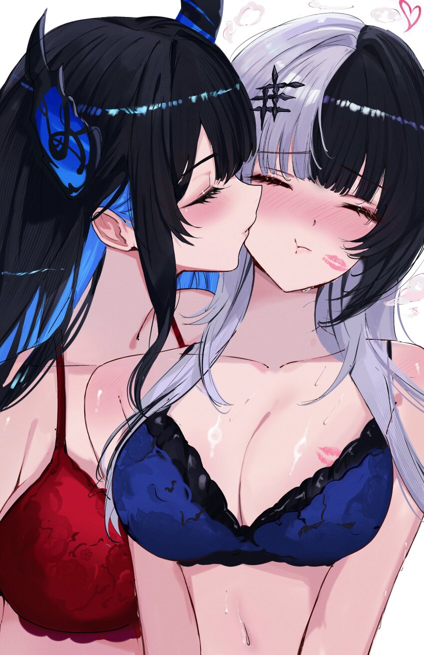 2girls absurdres asymmetrical_horns black_hair blue_hair blush breasts cleavage closed_eyes colored_inner_hair commentary demon_horns english_commentary grey_hair highres hololive hololive_english horns kiss kissing_cheek lipstick lipstick_mark lipstick_mark_on_breast lipstick_mark_on_face long_hair makeup meakiec medium_hair multicolored_hair multiple_girls navel nerissa_ravencroft pout shiori_novella simple_background split-color_hair two-tone_hair uneven_horns virtual_youtuber white_background wolf_cut yuri