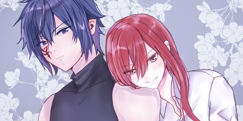 1boy 1girl black_shirt blue_eyes blue_hair brown_eyes collared_shirt erza_scarlet facial_tattoo fairy_tail floral_background highres jellal_fernandes long_hair looking_at_viewer puuyan red_hair shirt short_hair sleeveless sleeveless_shirt tattoo upper_body white_shirt