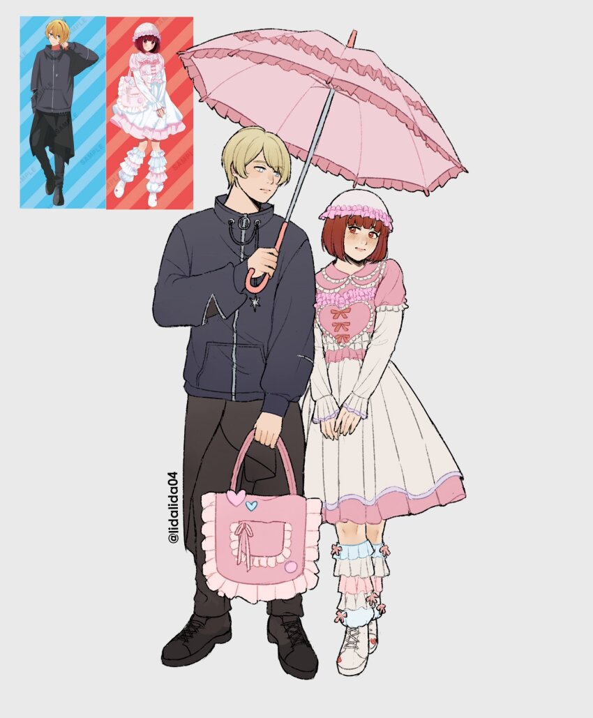 1boy 1girl aqua_eyes arima_kana black_pants black_shoes blonde_hair bob_cut breasts brown_eyes brown_hair couple cup dress frilled_dress frilled_hat frilled_socks frilled_umbrella frills full_body grey_jacket hat hetero highres holding holding_cup hoshino_aquamarine jacket lida_(lidalida04) light_blush long_sleeves looking_at_another medium_breasts oshi_no_ko pants pink_dress pink_hat shoes short_hair socks standing swept_bangs twintails twitter_username two-tone_dress two-tone_hat umbrella white_background white_dress white_hat white_shoes