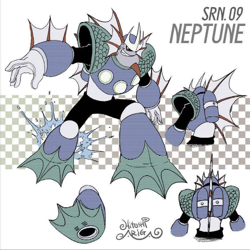 1boy ariga_hitoshi arm_fins armor artist_name black_bodysuit black_sclera blue_armor blue_footwear bodysuit boots breastplate character_name checkered_background chest_jewel clenched_teeth colored_sclera colored_skin commentary_request concept_art fading fins from_behind full_body gem gloves gradient_background green_armor green_background green_footwear green_gemstone green_scales grey_background grey_skin head_fins highres humanoid_robot joints knee_boots looking_ahead looking_at_viewer male_focus mega_man_(classic) mega_man_(series) mega_man_megamix mega_man_v multiple_views muted_color neptune_(mega_man) no_humans outstretched_arms reference_sheet robot robot_joints scales scanlines shoe_soles signature simple_background smirk splashing spread_arms standing tank_(container) teeth turnaround upper_body water white_background white_eyes white_gemstone white_gloves