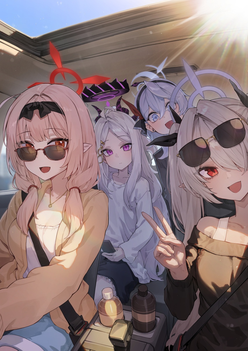 4girls absurdres ako_(blue_archive) alternate_costume black_hairband black_ribbon black_shirt black_skirt blonde_hair blue_archive blue_eyes blue_hair car_interior chinatsu_(blue_archive) collarbone dark-skinned_female dark_skin demon_horns diamond-shaped_pupils diamond_(shape) earrings eyewear_on_head forehead gold_necklace grey_hair hair_ribbon hairband halo head_tilt highres hina_(blue_archive) horns iori_(blue_archive) jacket jewelry kokukyukeo multiple_girls necklace open_mouth parted_bangs pointy_ears prefect_team_(blue_archive) purple_eyes red_eyes ribbon seatbelt shirt skirt slit_pupils smile sunglasses sunroof symbol-shaped_pupils v white_shirt yellow_jacket