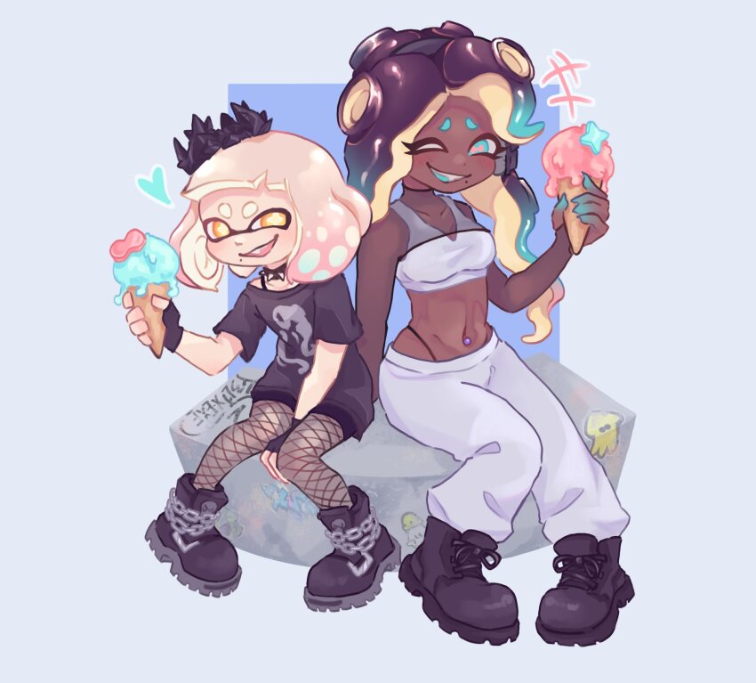 +++ 2girls aqua_hair black_footwear black_hair black_shirt blue_background boots border cephalopod_eyes commentary crop_top crown dark-skinned_female dark_skin english_commentary f3l1x_exe fishnet_pantyhose fishnets food furrowed_brow gradient_hair grey_border heart highleg highres holding holding_food holding_ice_cream holding_ice_cream_cone ice_cream ice_cream_cone inkling knees_together_feet_apart long_hair marina_(splatoon) marina_(springfest)_(splatoon) mole mole_under_mouth multicolored_hair multiple_girls navel_piercing nintendo octoling official_alternate_costume one_eye_closed open_mouth outside_border pants pantyhose pearl_(splatoon) pearl_(springfest)_(splatoon) piercing pink_hair print_shirt red_pupils shirt short_eyebrows short_hair simple_background sitting smile splatoon_(series) splatoon_3 star-shaped_pupils star_(symbol) symbol-shaped_pupils tank_top tentacle_hair thick_eyebrows two-tone_hair white_pants white_tank_top yellow_pupils