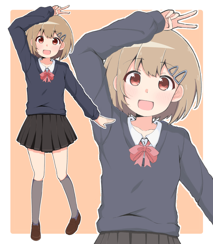 1girl :d absurdres arm_up black_jacket black_skirt blonde_hair bow bowtie brown_eyes brown_shoes commentary grey_socks hair_ornament hairclip highres hiro_(05112423) jacket kneehighs loafers looking_at_viewer open_mouth orange_background original outline pink_bow pink_bowtie pleated_skirt shirt shoes short_hair simple_background skirt smile socks solo v white_outline white_shirt zoom_layer