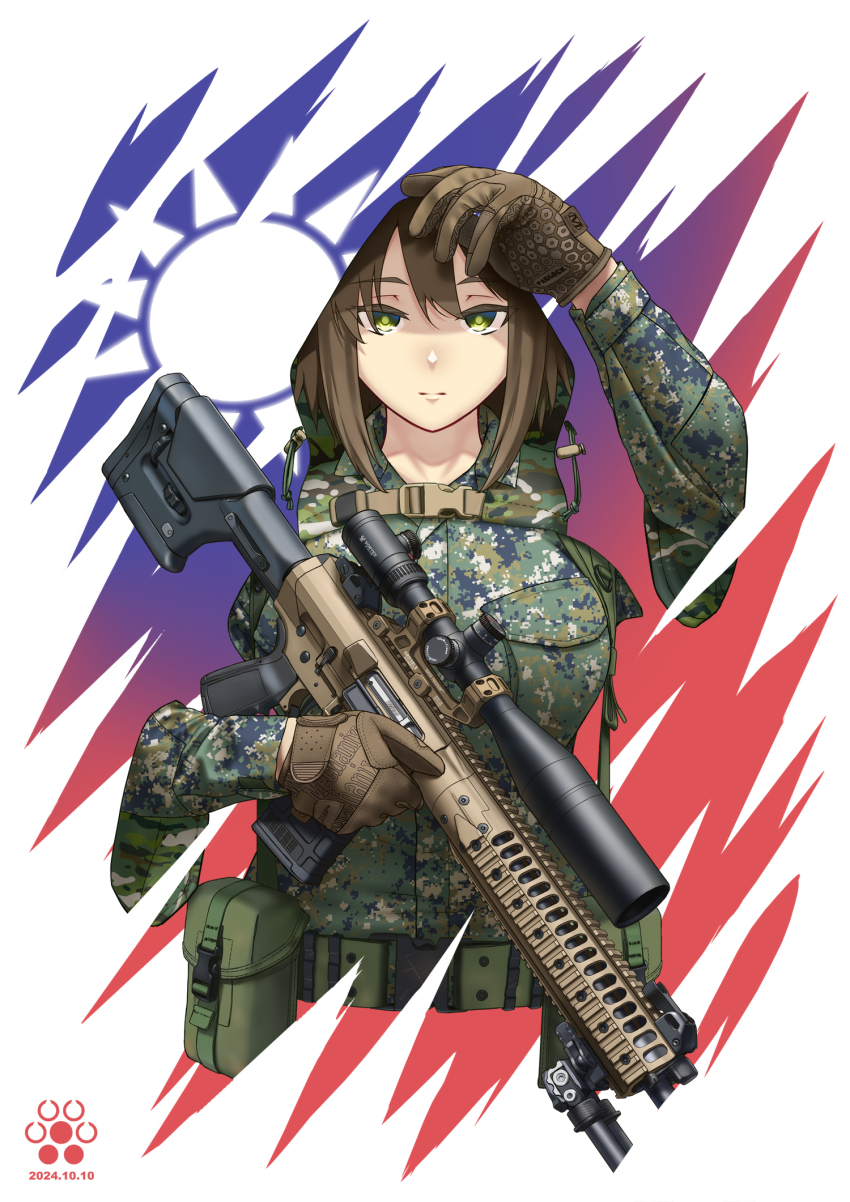 1girl ar-15 brown_gloves brown_hair camouflage dated digital_camouflage expressionless gloves green_eyes gun highres jpc looking_at_viewer military_combat_uniform military_fatigues military_uniform original republic_of_china_army republic_of_china_flag rifle scope solo weapon woodland_camouflage