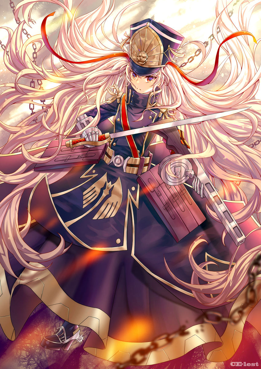 1girl altair_(re:creators) artist_name belt belt_bag bib black_coat black_footwear blue_eyes brown_bag buttons ce-leste chain closed_mouth coat coat_dress commentary dress drum_magazine english_text epaulettes gauntlets gold_trim gun hair_ribbon hat high_collar highres holding holding_gun holding_sword holding_weapon lion_head_(ornament) long_hair long_sleeves looking_at_viewer looking_to_the_side magazine_(weapon) military_hat military_uniform multicolored_eyes platform_footwear platform_heels ppsh-41 re:creators red_eyes red_ribbon ribbon shako_cap sidelocks solo spurs submachine_gun sword tree twintails two-tone_eyes very_long_hair weapon white_hair yellow_background