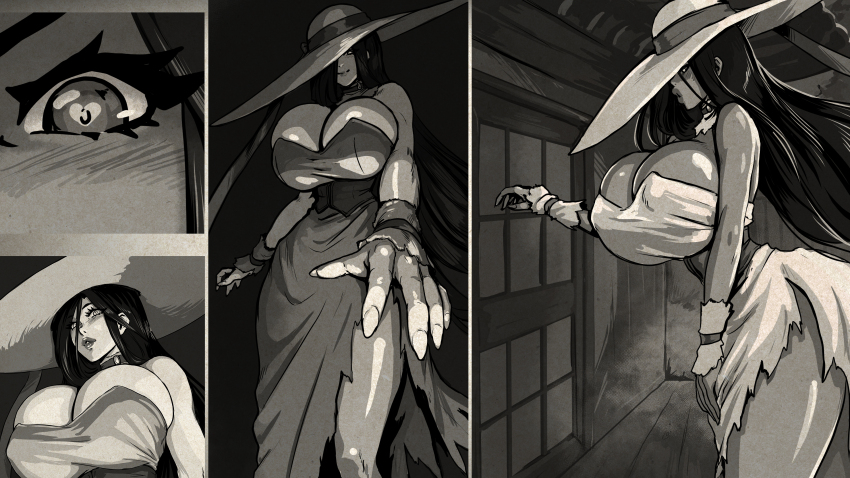 1girl 2025 2channel absurdres arm_at_side arm_up black_hair blush breasts cleavage close-up closed_mouth comic commentary corset curvy detached_sleeves dress eye_visible_through_hair eyebrows_hidden_by_hair female_focus fingernails folding_screen foreshortening from_side game_cg hachishaku_(game) hair_over_one_eye hasshaku-sama hat heart heart-shaped_pupils highres huge_breasts japanese_house japanese_urban_legends long_fingernails long_hair multiple_views narrow_waist nose_blush outdoors panels reaching reaching_towards_viewer ribbon standing straight_hair sun_hat symbol-shaped_pupils tall_female thick_lips torn_clothes torn_dress trash_panda_games very_long_hair white_background white_dress