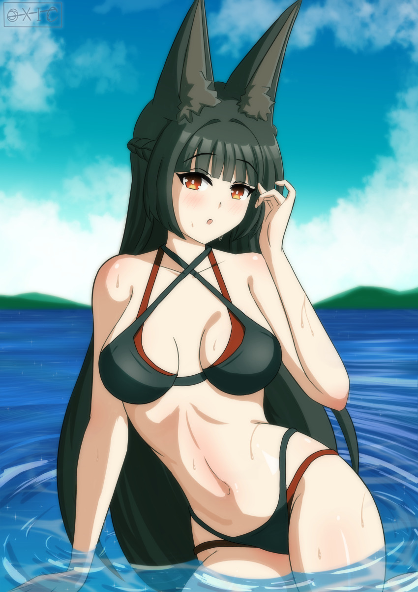 1girl :o absurdres animal_ears bikini black_bikini blue_sky breasts commentary_request double_bikini fox_ears fox_girl highres hoshimi_miyabi large_breasts long_hair navel ocean oxicmar partially_submerged red_bikini sky solo stomach swimsuit thighs very_long_hair zenless_zone_zero