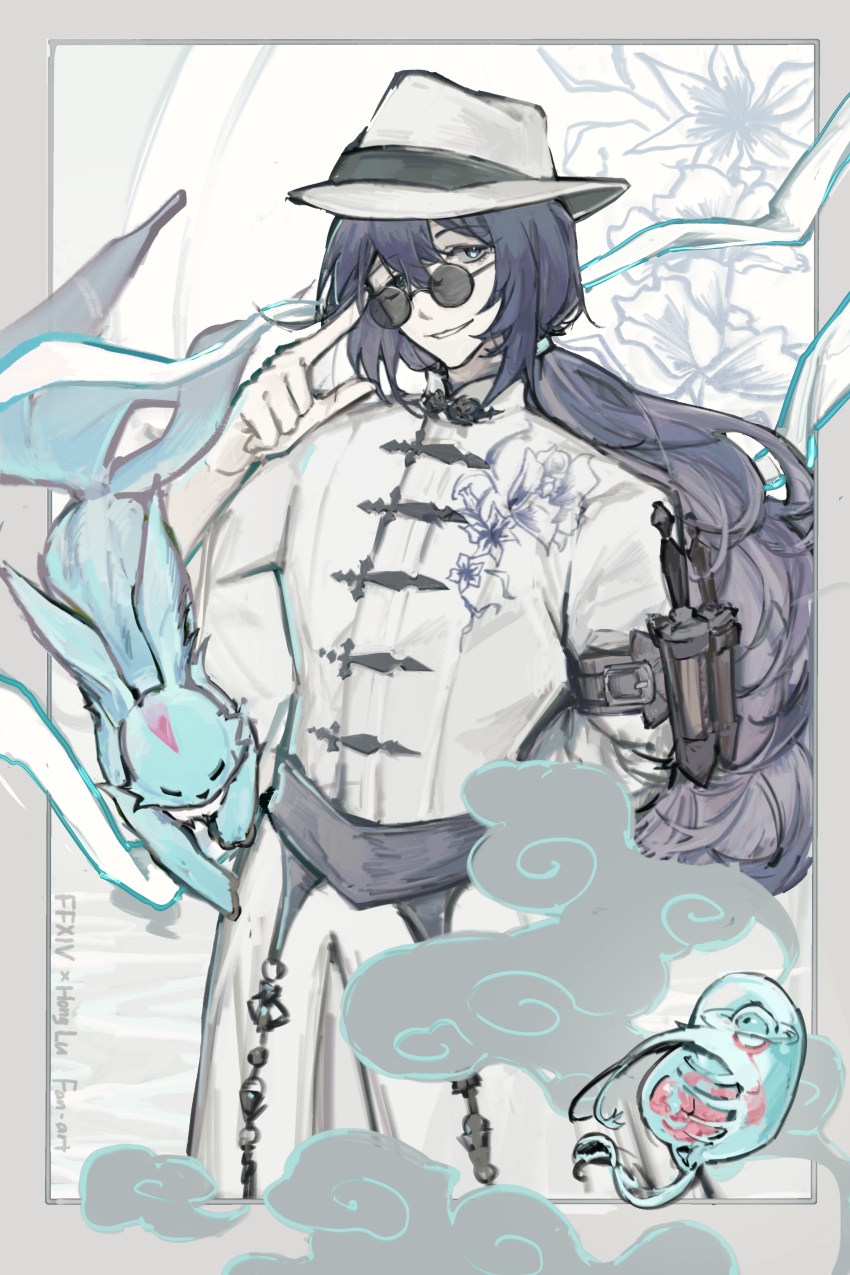 1boy absurdres aqua_eyes armlet black_eyes black_hair black_sash coat final_fantasy final_fantasy_xiv hat heterochromia highres hong_lu_(project_moon) jewelry kalliope_orc limbus_company long_hair looking_at_viewer low_ponytail mandarin_collar parted_lips peccatulum_morositatis ponytail project_moon round_eyewear sash smile solo sunglasses very_long_hair white_coat white_hat