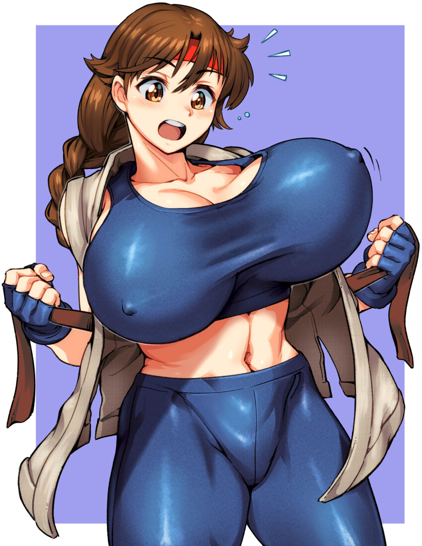 1girl absurdres blue_leggings blue_pants blue_sports_bra blush bouncing_breasts braid braided_ponytail breasts brown_eyes brown_hair cleavage covered_erect_nipples curvy dougi female_focus fingerless_gloves gloves headband highres jiggle kaga_kasama leggings martial_arts_belt midriff navel nipples open_clothes open_mouth pale_skin pants ponytail red_headband seamed_legwear shiny_clothes single_braid spandex sports_bra surprised the_king_of_fighters tight_clothes undressing yoga_pants yuri_sakazaki