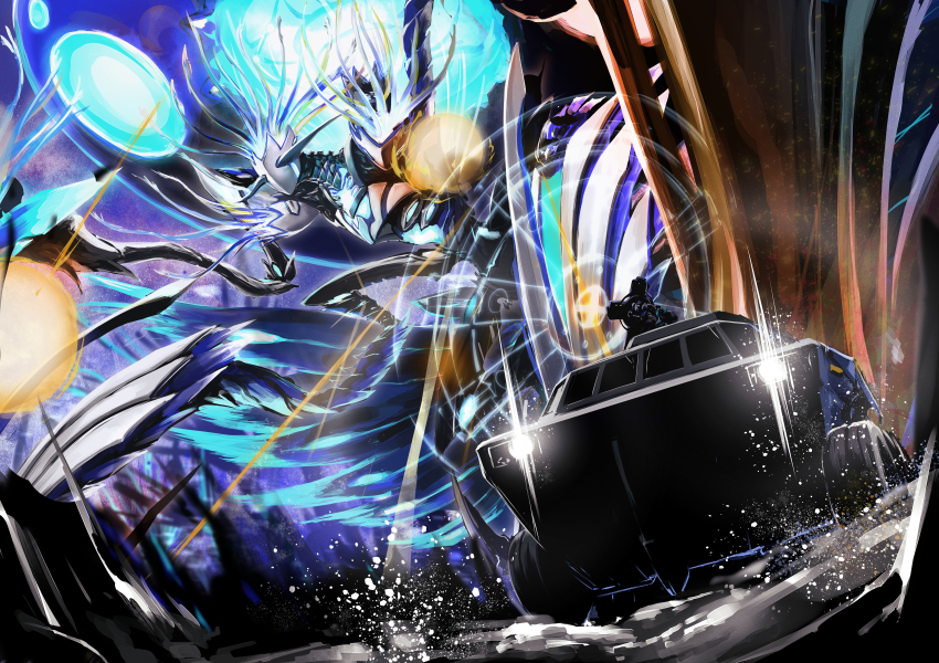 152_in_can 1girl absurdres alien armor battle black_armor car driving faceless fate/grand_order fate_(series) giant giant_monster glowing highres holding holding_shield horns huge_horns kaiju lord_camelot_(fate) mash_kyrielight mash_kyrielight_(ortenaus) monster motor_vehicle on_truck ort_(type-moon) shadow_border shield tendril truck