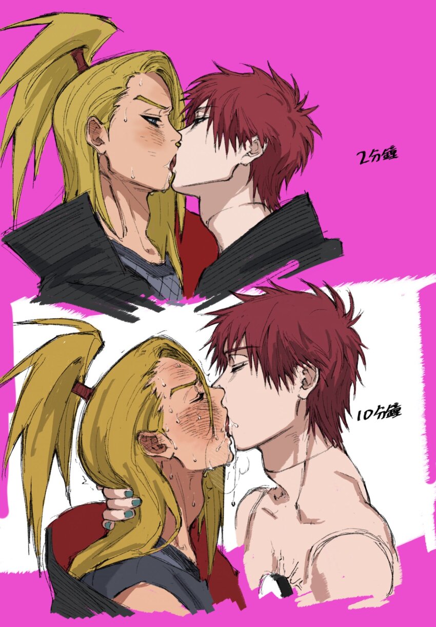 2boys blonde_hair blush deidara_(naruto) drooling french_kiss from_side gaara_(naruto) haikyuu!! highres kiss male_focus multiple_boys ponytail red_hair saliva umkaqryi