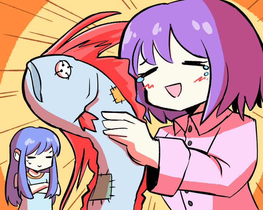 &gt;_&lt; 2girls blue_hair blue_shirt blush button_eyes buttons emphasis_lines fish happy_tears highres hinanawi_tenshi holding holding_stuffed_toy multiple_girls nagae_iku oarfish oysterfried pink_shirt purple_hair shirt smile stuffed_animal stuffed_toy sweatdrop t-shirt tears touhou yellow_background