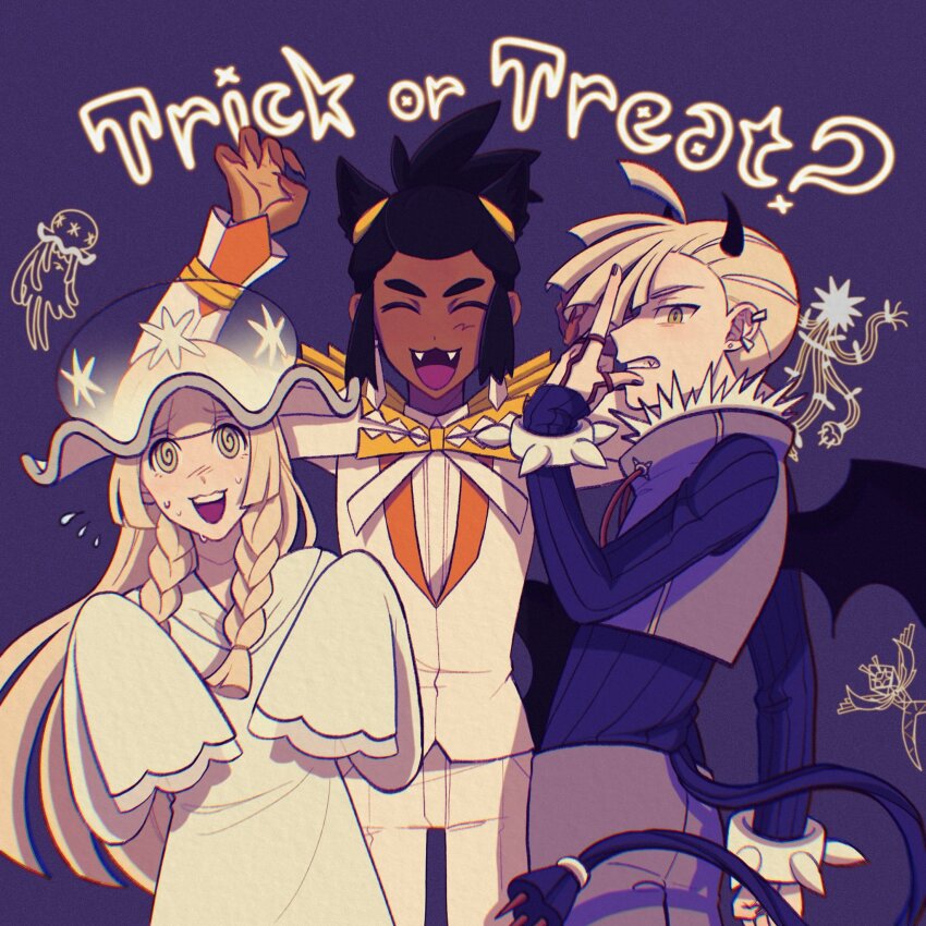 1girl 2boys :d @_@ blonde_hair blunt_bangs closed_eyes commentary cosplay dark-skinned_male dark_skin dress english_text fangs flying_sweatdrops gen_7_pokemon gladion_(pokemon) green_eyes halloween halloween_costume hat hau_(pokemon) highres horns kartana kartana_(cosplay) lillie_(pokemon) long_hair long_sleeves multiple_boys nail_polish nihilego nihilego_(cosplay) nintendo open_mouth pokemon pokemon_sm sleeves_past_fingers sleeves_past_wrists smile submashell tongue trick_or_treat ultra_beast vest white_dress xurkitree xurkitree_(cosplay)