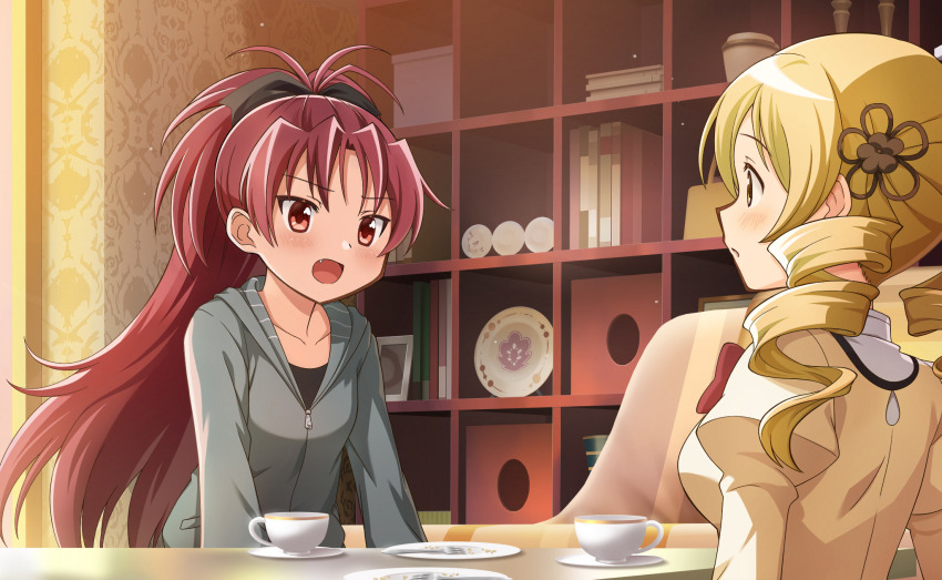 2girls :o antenna_hair artist_request black_bow black_shirt blonde_hair book bookshelf bow bowtie chair collarbone collared_shirt crumbs cup dot_nose drill_hair eye_contact eyelashes face-to-face fang flower_hairpin fork from_behind furrowed_brow game_cg green_jacket hair_bow high_collar highres hood hood_down hooded_jacket indoors jacket juliet_sleeves light_blush light_particles long_hair long_sleeves looking_at_another mahou_shoujo_madoka_magica mahou_shoujo_madoka_magica_magia_exedra mitakihara_school_uniform multiple_girls official_art parted_bangs parted_lips plate pocket pointy_nose ponytail puffy_sleeves red_bow red_bowtie red_eyes red_hair sakura_kyoko saucer school_uniform shirt surprised talking tareme teacup tomoe_mami tsurime twin_drills upper_body very_long_hair worried yellow_eyes yellow_shirt zipper zipper_pull_tab