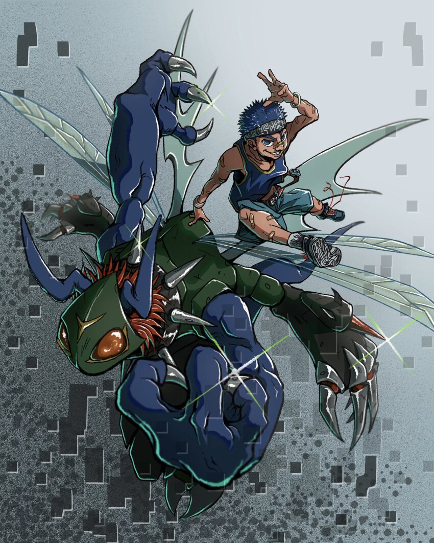 claws digimon digimon_(creature) dinobeemon exoskeleton highres jumping muscular muscular_male red_eyes