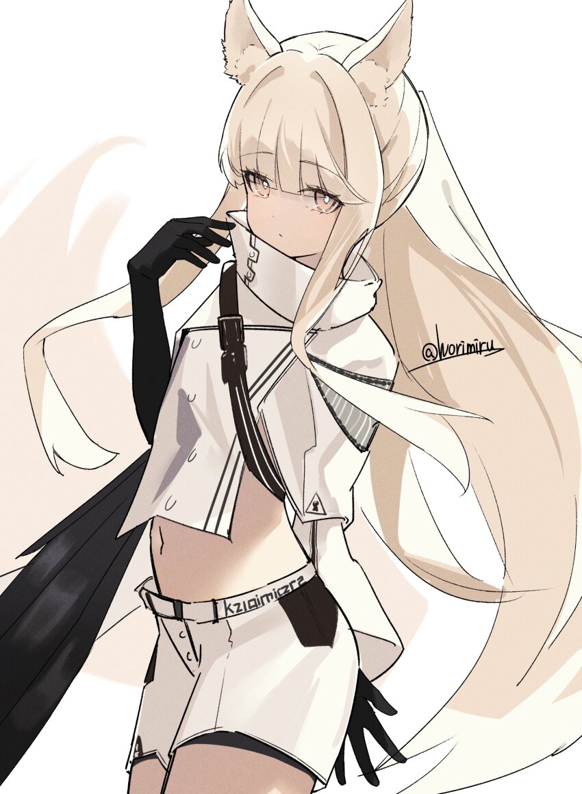1girl absurdres animal_ears arknights black_gloves bright_pupils closed_mouth commentary commission cowboy_shot elbow_gloves expressionless film_grain gloves high_collar highres long_hair looking_at_viewer midriff navel platinum_(arknights) shorts simple_background solo standing twitter_username very_long_hair white_background white_hair white_pupils white_shorts worimehl yellow_eyes