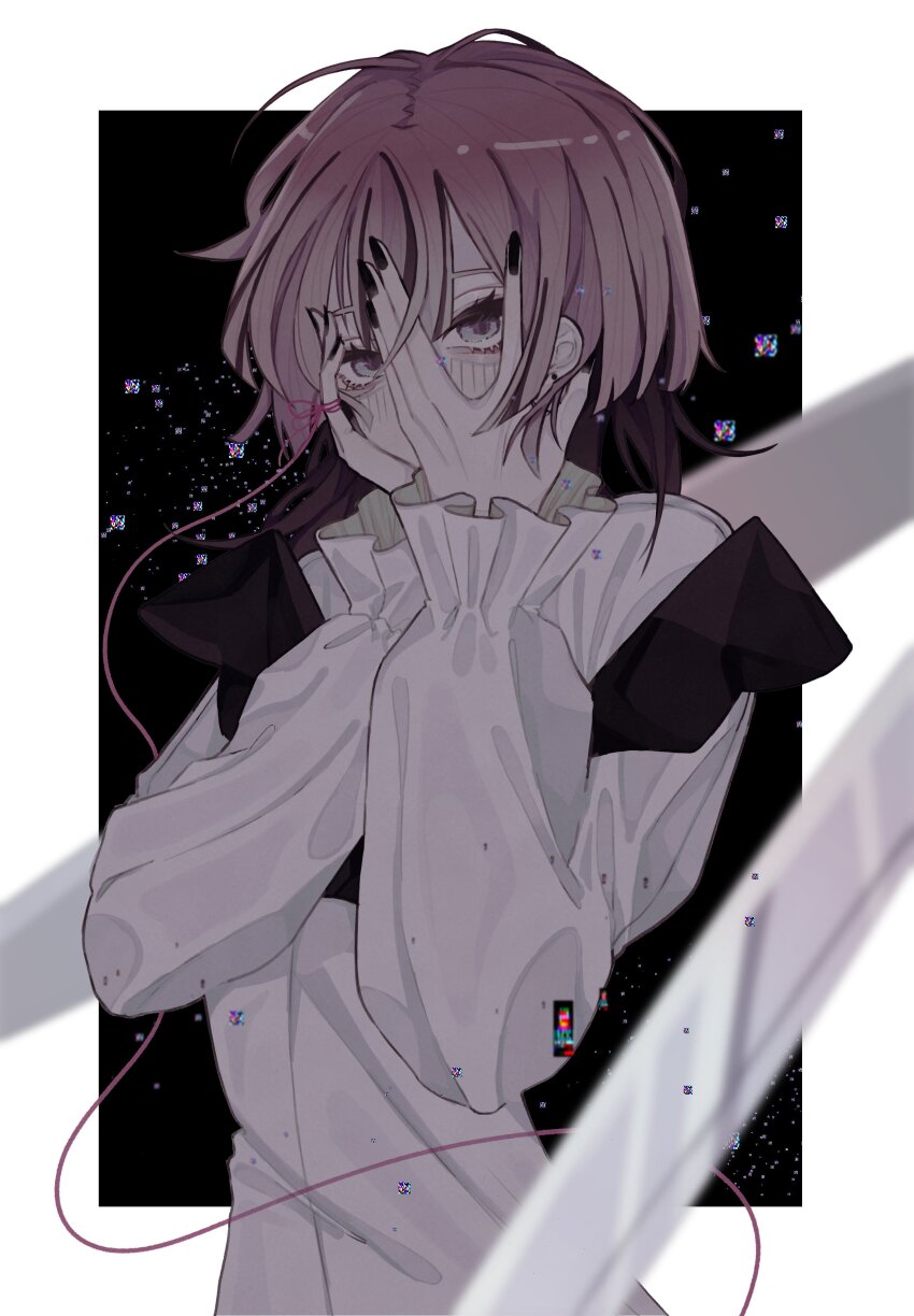 1girl absurdres baka_janai_noni_(zutomayo) black_bustier black_choker black_hair black_nails border bustier choker colored_inner_hair covering_face dress_shirt fingernails highres long_sleeves medium_hair multicolored_hair muted_color n_hkm04 nail_polish nira-chan nira-chan_(baka_janai_noni)_(zutomayo) outside_border pink_hair purple_eyes shirt streaked_hair string string_of_fate white_border white_shirt zutto_mayonaka_de_ii_no_ni