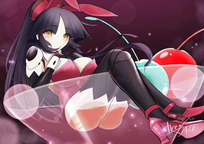 1girl against_glass animal_ears ass ass_press black_hair breasts cherry cocktail_glass cup diamond-shaped_pupils diamond_(shape) drinking_glass fate/grand_order fate_(series) food fruit hand_on_own_chest high_heels highres in_container in_cup katou_danzou_(fate) large_breasts leotard long_hair moyashi_(pixiv44153669) playboy_bunny ponytail rabbit_ears symbol-shaped_pupils wrist_cuffs yellow_eyes