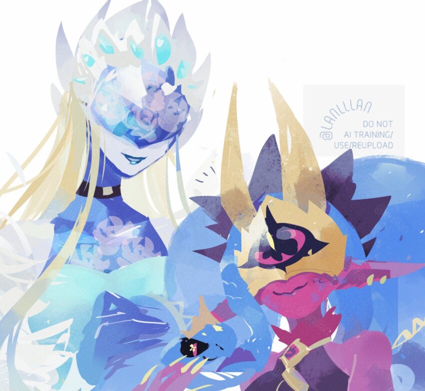 belt cendrillmon colored_skin crown digimon digimon_(creature) earrings gloves horns jewelry lanlllan lipstick looking_at_another makeup mask medusamon pointy_ears red_skin smile snake snake_hair