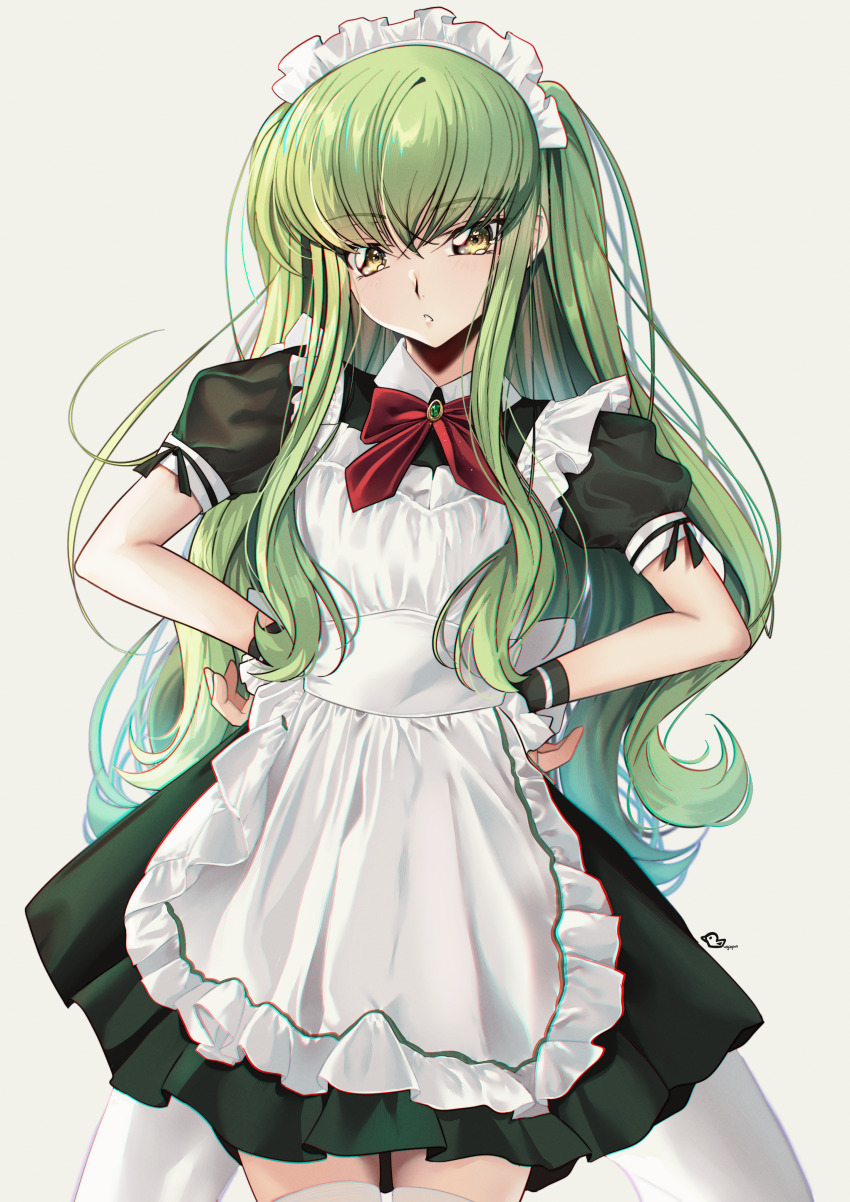 1girl absurdres alternate_costume apron black_dress black_wrist_cuffs blush bow bowtie budgiepon c.c. code_geass commentary_request cowboy_shot dress enmaided frilled_apron frills green_hair grey_background hands_on_own_hips highres long_hair looking_at_viewer maid maid_apron maid_headdress parted_lips puffy_short_sleeves puffy_sleeves red_bow red_bowtie short_sleeves sidelocks simple_background solo thighs very_long_hair wavy_hair white_apron wrist_cuffs yellow_eyes