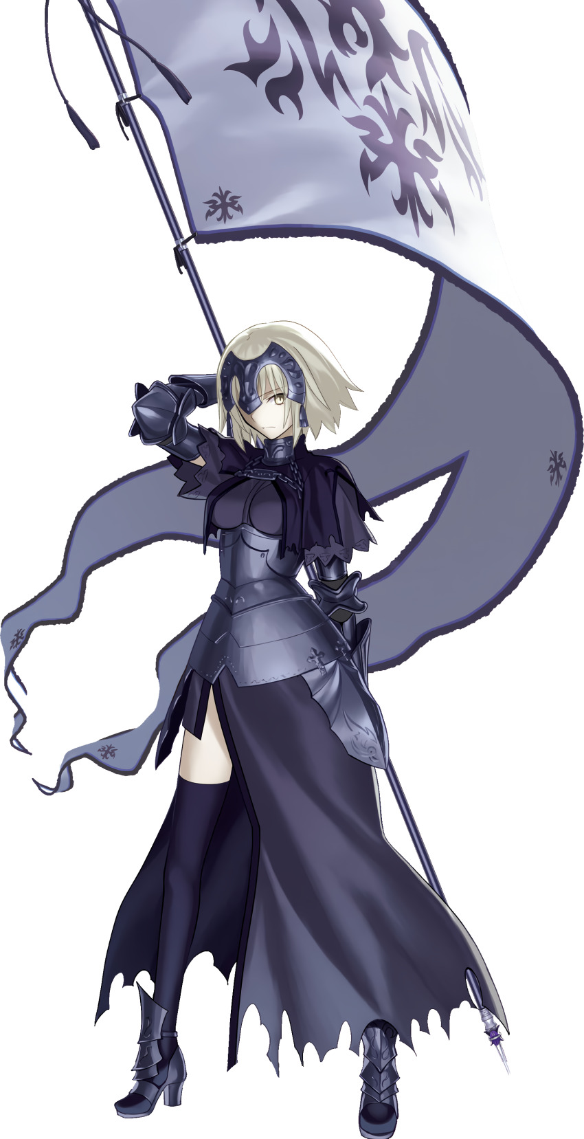 1girl absurdres armor armored_boots armored_dress battle_standard black_armor black_capelet black_collar black_dress black_thighhighs blonde_hair boobplate boots breastplate breasts capelet chain closed_mouth collar dress fate/grand_order fate_(series) flag full_body gauntlets hand_up headgear high_heels highres holding holding_flag jeanne_d&#039;arc_alter_(fate) looking_at_viewer medium_breasts non-web_source official_art one_eye_covered short_hair simple_background solo standing thighhighs torn_clothes torn_dress transparent_background war_flag yellow_eyes