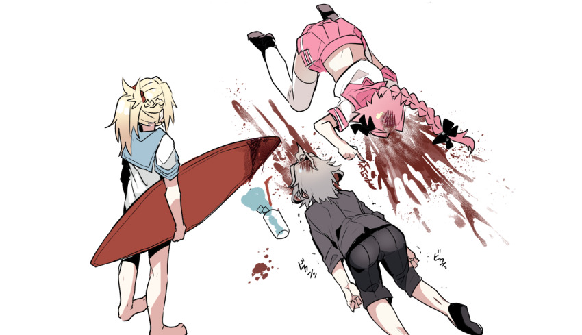 1girl 2boys astolfo_(fate) astolfo_(sailor_paladin)_(fate) black_bow black_footwear black_shirt black_shorts blood blood_splatter blood_writing blue_serafuku bow braid crown_braid drinking_straw fang fate/apocrypha fate/grand_order fate_(series) hair_bow hair_intakes hair_ornament hair_scrunchie haoro holding holding_surfboard ice ice_cube long_braid long_hair midriff mordred_(fate) mordred_(fate/apocrypha) multicolored_hair multiple_boys neckerchief on_ground pink_hair pink_neckerchief pink_sailor_collar pink_serafuku pink_skirt pleated_skirt purple_eyes red_scrunchie sailor_collar school_uniform scrunchie serafuku shirt short_hair short_sleeves shorts sieg_(fate) simple_background single_braid skin_fang skirt spill streaked_hair surfboard thighhighs top-down_bottom-up trap two-tone_hair white_background white_hair white_shirt white_thighhighs