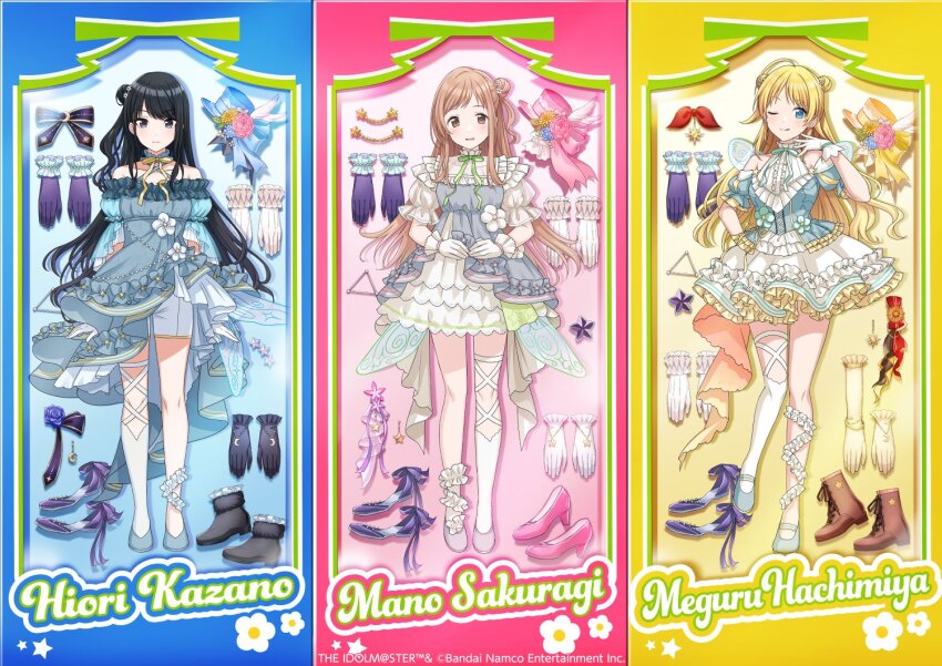 3girls black_hair blonde_hair blue_eyes boots brown_eyes brown_hair dress english_text flower frilled_dress frills gloves grey_eyes hachimiya_meguru hat high_heels idol_clothes idolmaster idolmaster_shiny_colors illumination_stars_(idolmaster) kazano_hiori multiple_girls neck_ribbon official_art one_eye_closed open_mouth ribbon sakuragi_mano shoes shorts star_(symbol) unworn_gloves unworn_hat unworn_headwear unworn_shoes