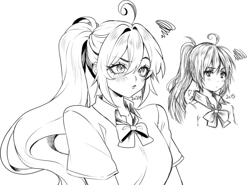 1girl 2015 2024 aegyo_sal ahoge arms_at_sides artist_progress bow bowtie breasts closed_mouth collarbone collared_shirt commentary cross-eyed double-parted_bangs english_commentary eyelashes frown greyscale hair_between_eyes hatching_(texture) high_ponytail highres huge_ahoge lips long_hair looking_at_viewer medium_breasts monochrome multiple_views original ponytail raised_eyebrow sasucchi95 shirt short_sleeves simple_background sketch squiggle upper_body white_background