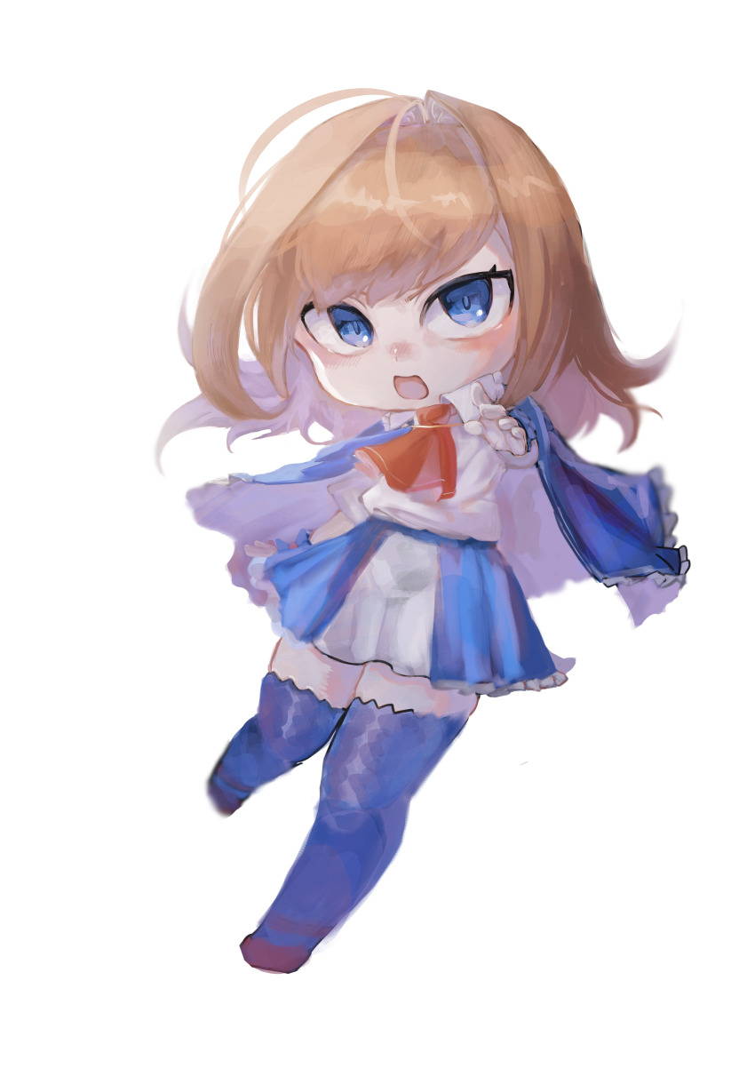 1girl absurdres ascot blue_capelet blue_eyes blue_thighhighs brown_hair capelet castlevania:_portrait_of_ruin castlevania_(series) charlotte_aulin chibi highres long_hair looking_at_viewer open_mouth red_ascot shirt simple_background skirt thighhighs user_fxmt2355 white_background white_shirt