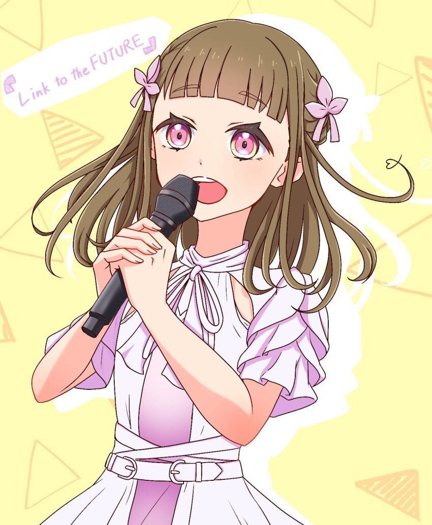 1girl :d brown_hair center-flap_bangs commentary_request dress drop_shadow frilled_dress frills gradient_clothes gradient_dress highres holding holding_microphone kachimachi_kosuzu kai_(kkaaii0427) link!_like!_love_live! link_to_the_future_(love_live!) long_hair love_live! microphone neck_ribbon official_alternate_costume official_alternate_hairstyle open_mouth pink_dress pink_eyes pink_ribbon ribbon short_sleeves smile solo song_name straight_hair teeth triangle_background upper_teeth_only virtual_youtuber yellow_background