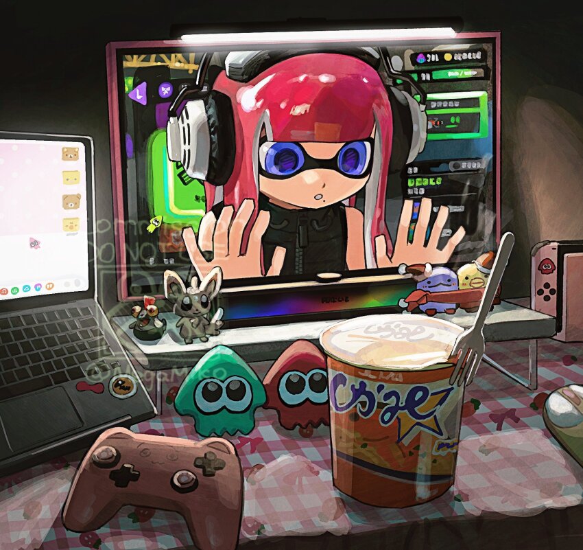 1girl black_shirt blunt_bangs clenched_teeth commentary commission computer computer_mouse controller crossover fork game_controller gen_5_pokemon headphones highres indoors inkling inkling_girl inkling_player_character instant_cup_noodles laptop long_hair miko_(15476997) minccino mole mole_under_mouth monitor nintendo nintendo_switch pink_hair pokemon pokemon_(creature) purple_eyes salmonid shirt sleeveless sleeveless_shirt smallfry_(splatoon) splatoon_(series) splatoon_3 symbol-only_commentary teeth tentacle_hair trapped watermark