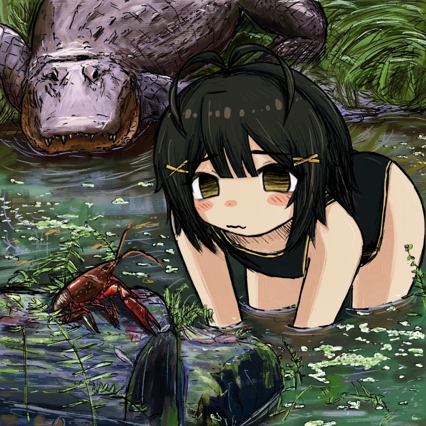 1girl bent_over black_eyes black_hair black_one-piece_swimsuit bubbacterial character_request copyright_request crayfish crocodile crocodilian gradient_eyes hair_ornament highres looking_at_animal multicolored_eyes one-piece_swimsuit short_hair solo swimsuit wetland x_hair_ornament yellow_eyes yellow_trim