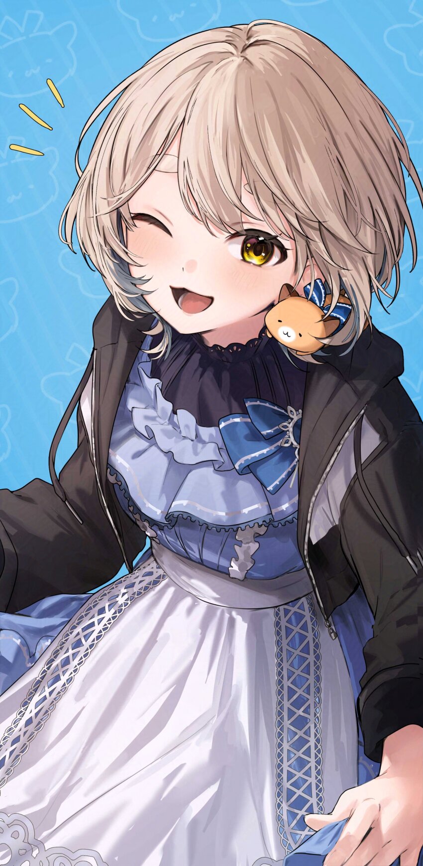 1girl absurdres adversarial_noise apron black_jacket blonde_hair blue_bow blue_dress blue_hair blush boots bow brown_boots closed_mouth colored_inner_hair cropped_jacket drawstring dress dress_bow eyelashes fingernails frilled_dress frills gonzalez_(machita_chima) hamster hamster_on_shoulder highres hood hood_down hooded_jacket jacket lace lace-trimmed_apron lace-trimmed_dress lace-up_boots lace_trim layered_dress long_sleeves machita_chima machita_chima_(6th_costume) maid maid_apron medium_hair multicolored_hair nijisanji official_alternate_costume official_alternate_hairstyle one_eye_closed open_clothes open_jacket outline pantyhose short_eyebrows short_hair simple_background smile solo swept_bangs thick_eyebrows tone_haruma upper_body virtual_youtuber waist_apron white_apron white_outline white_pantyhose yellow_eyes