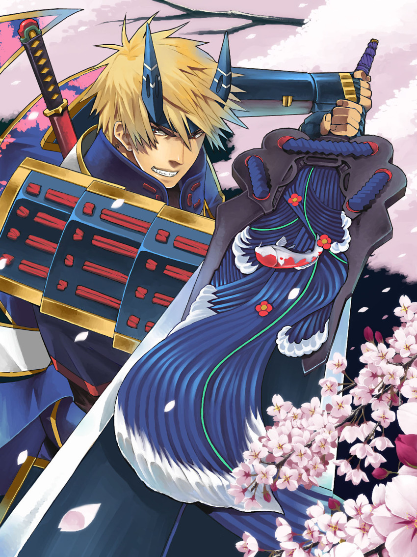 1boy armor bad_id bad_pixiv_id blonde_hair capcom cherry_blossoms highres horns japanese_armor kaijin_no_souki male_focus onimusha onimusha:_dawn_of_dreams shoulder_armor sode solo sword tktg weapon