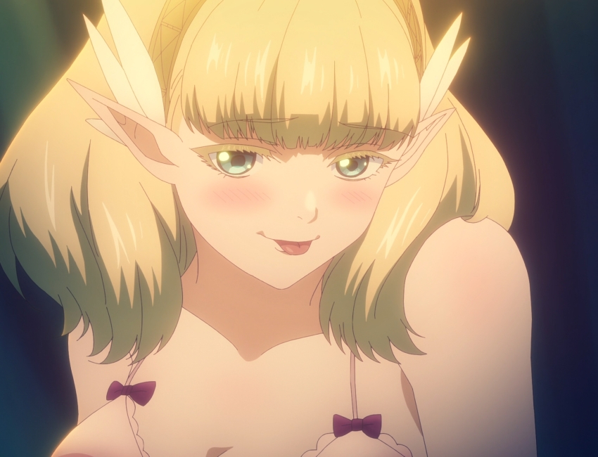 1girl blonde_hair breasts cleavage green_eyes highres kekkon_yubiwa_monogatari nephrites_lomka pointy_ears stitched third-party_edit