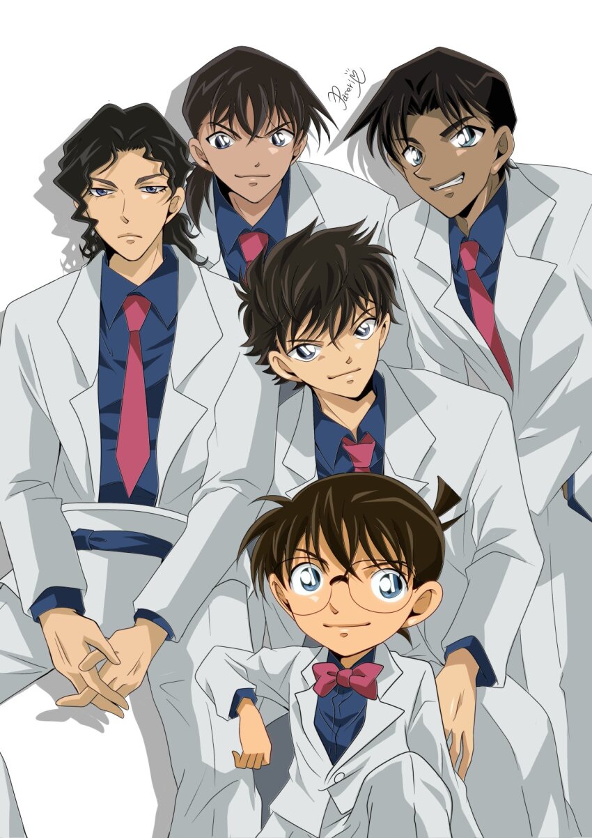5boys artist_name black_hair blue_shirt bow bowtie collared_shirt dark-skinned_male dark_skin edogawa_conan formal_clothes glasses hattori_heiji highres iori_muga jacket kuroba_kaito long_hair looking_at_viewer male_focus meitantei_conan multiple_boys necktie okita_soushi_(meitantei_conan) pants paseri_(l7dgtxtsnlmfwlb) pink_bow pink_bowtie pink_necktie ponytail shirt short_ponytail simple_background suit white_background white_jacket white_pants white_suit