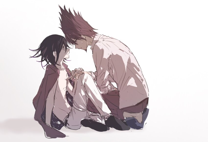 2boys black_hair collared_shirt danganronpa_(series) danganronpa_v3:_killing_harmony facial_hair flipped_hair from_side fu_ga_(vivi912912) full_body goatee hair_between_eyes hashtag-only_commentary highres holding_hands jacket jacket_on_shoulders knee_up long_sleeves male_focus medium_hair momota_kaito multiple_boys oma_kokichi pants profile purple_eyes purple_facial_hair purple_hair shirt short_hair simple_background sitting smile space_print spiked_hair squatting starry_sky_print sweatdrop topless_male white_background white_shirt yaoi