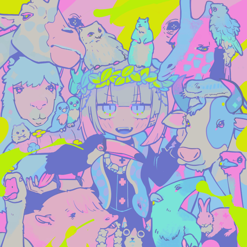 1girl alpaca animal animal_on_arm animal_on_head anteater bearded_dragon bird bird_on_arm bird_on_head black_choker black_shirt black_skirt black_sleeves blunt_bangs blush_stickers cat character_request choker colored_tips commentary_request copyright_request cow cowboy_shot cross cross_choker double-parted_bangs ear_piercing eyelashes fangs frilled_shirt frills goose green_background hamster head_wreath highres leaf long_sleeves looking_at_viewer medium_hair multicolored_hair on_head open_mouth ostrich outstretched_arm owl parrot pastel_colors piercing pink_background pink_hair pink_nails purple_eyes rabbit shirt single_bare_arm single_sleeve skirt skirt_set smile snake solo squirrel straight-on teeth terada_tera toucan two-tone_background upper_teeth_only white_hair