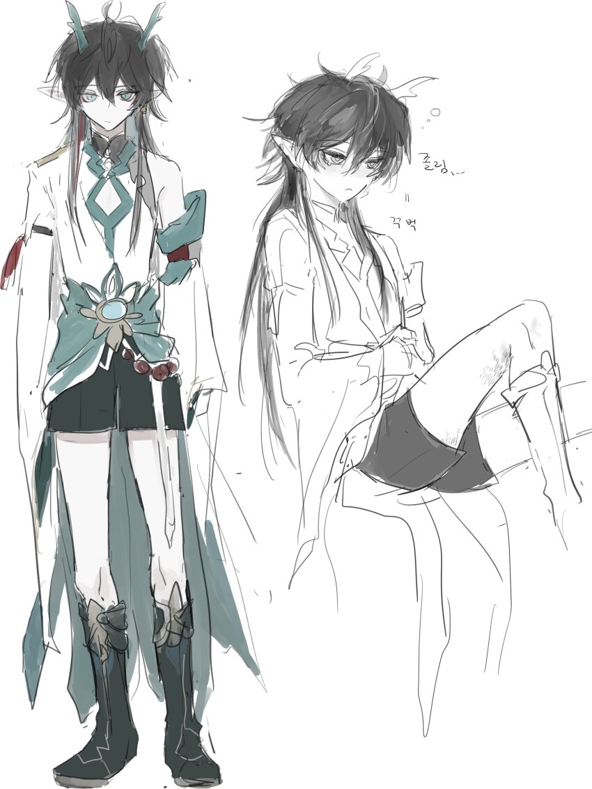 1boy 6_factorial absurdres adapted_costume aqua_eyes aqua_horns aqua_sash arms_at_sides black_footwear black_hair black_shorts boots bruise closed_mouth collared_shirt crossed_arms dan_heng_(honkai:_star_rail) dan_heng_(imbibitor_lunae)_(honkai:_star_rail) detached_sleeves expression_request full_body highres honkai:_star_rail honkai_(series) horns injury knee_boots knees_up korean_commentary korean_text legs_apart long_hair long_sleeves male_focus multiple_views partially_colored pointy_ears sash scrape shirt shorts single_bare_shoulder single_detached_sleeve sleeveless sleeveless_shirt standing tassel tears translation_request very_long_hair waist_sash white_shirt