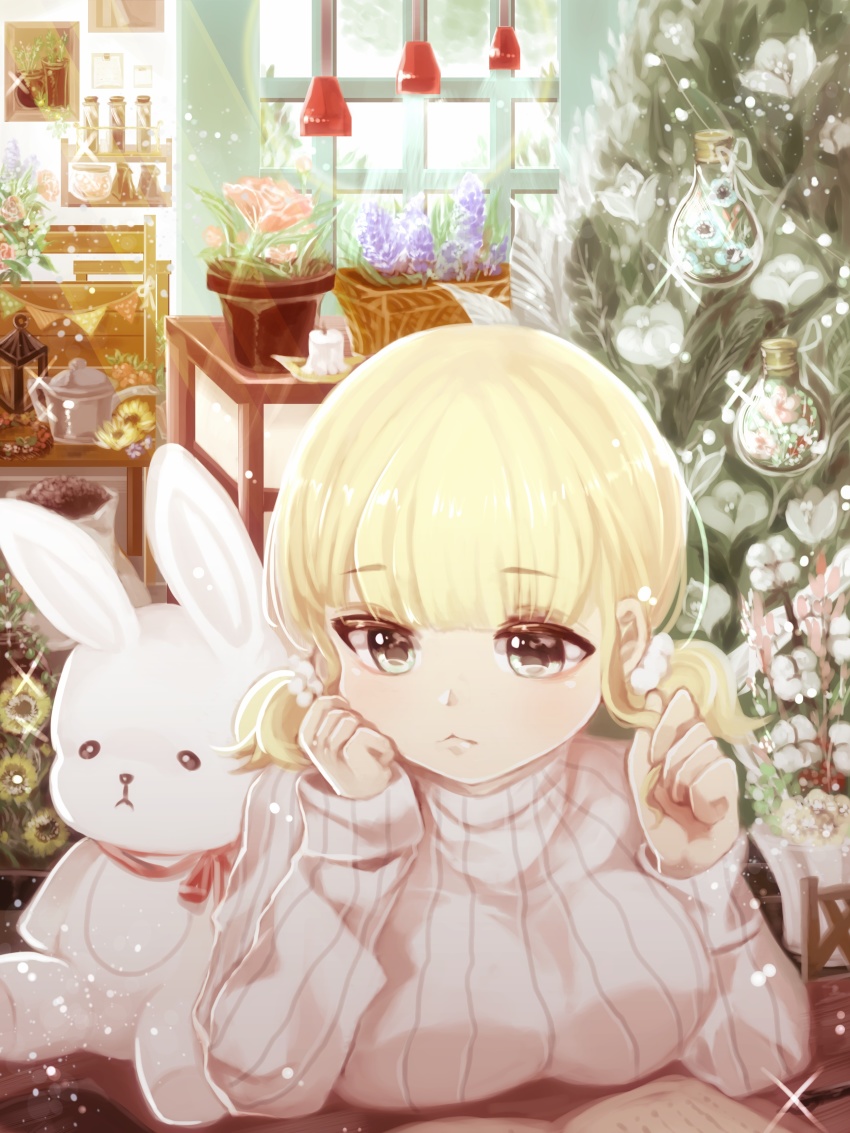 1girl absurdres black_eyes blonde_hair female_focus flower flower_box hair_ornament hair_scrunchie highres indoors light original plant potted_plant ribbed_sweater scrunchie shelf short_twintails solo string_of_flags stuffed_animal stuffed_rabbit stuffed_toy sweater table twintails vial watering_can white_scrunchie white_sweater window yoliyoligirl