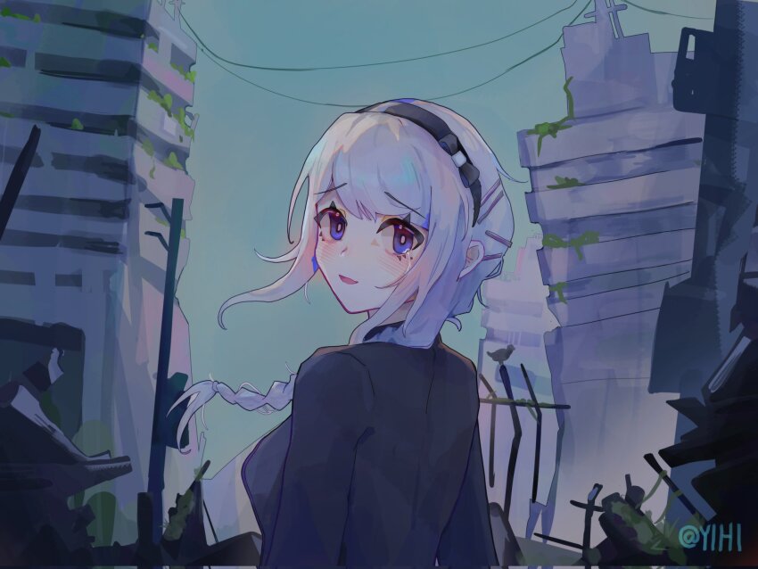 1girl black_hairband bow_hairband braid corrupted_twitter_file crying crying_with_eyes_open hair_ornament hair_over_shoulder hairband hairpin hashtag-only_commentary highres jacket kirifuji_nozomi long_hair looking_at_viewer looking_back multiple_hairpins outdoors purple_eyes ruins single_braid smile tears the_hundred_line_-last_defense_academy- twitter_username white_hair yihi